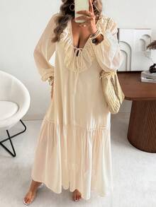 Vionelle Women's Loose Chiffon Plus Size Long Dress With Ruffle Hem And V Neck Extra Long Bishop Sleeve Bohemian Style - Apricot - View 3