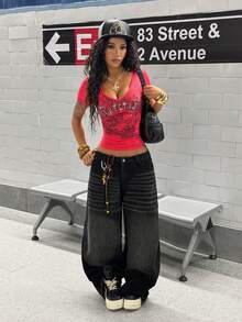 StreetHx Women's 2000s Style Casual Streetwear Graphic Tee, Punk Graphic Design Fitted T-Shirt - Hot Pink - View 3