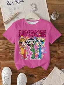 THE POWERPUFF GIRLS X SHEIN Tween Girl Blossom, Bubbles, Buttercup Pattern Round Neck Short Sleeve T-Shirt - White - View 7