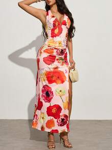 Zyxie Women's Digital Floral Print Halter Neck High Slit Maxi Skirt Set - Multicolor - View 5