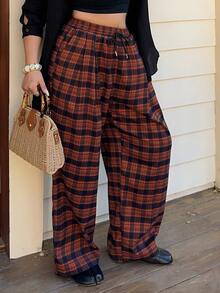 Dazy Plus 大码女式格子松紧腰抽绳宽松直筒休闲裤，街头风 - 亮橙色 - 查看 1
