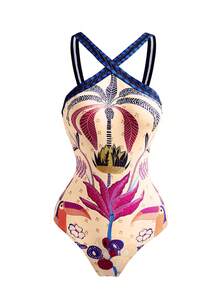Swim Oasis Women's Summer Vacation Tropical Plant Print Criss-Cross One-Piece Swimsuit With Skirt 2 Pieces Swimwear Beach Outfit - Multicolor - View 3
