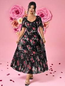 Elenzga Vestido feminino plus size elegante e romântico com laço de rosa nos punhos e barra em tule patchwork, perfeito para um encontro romântico no Dia dos Namorados. - Multicolorido - Ver 1