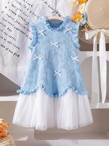 Girls (Small) Knitted Jacquard Ruffle Bow Patchwork White Mesh Princess Dress, Sweet & Cute, Elegant Girls Clothing - Blue - View 4