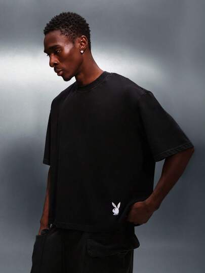 PLAYBOY X SUMWON Men's Boxy Fit Elbow Length Crew Neck T-Shirt With Small Logo Print Casual Cotton Tee Relaxed Streetwear Essential Everyday Comfort Top