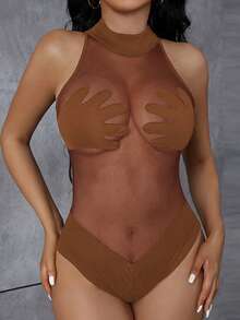 BamGleam Transparent Mesh Bodysuit With Palm And Chest Panels - Brown - View 6
