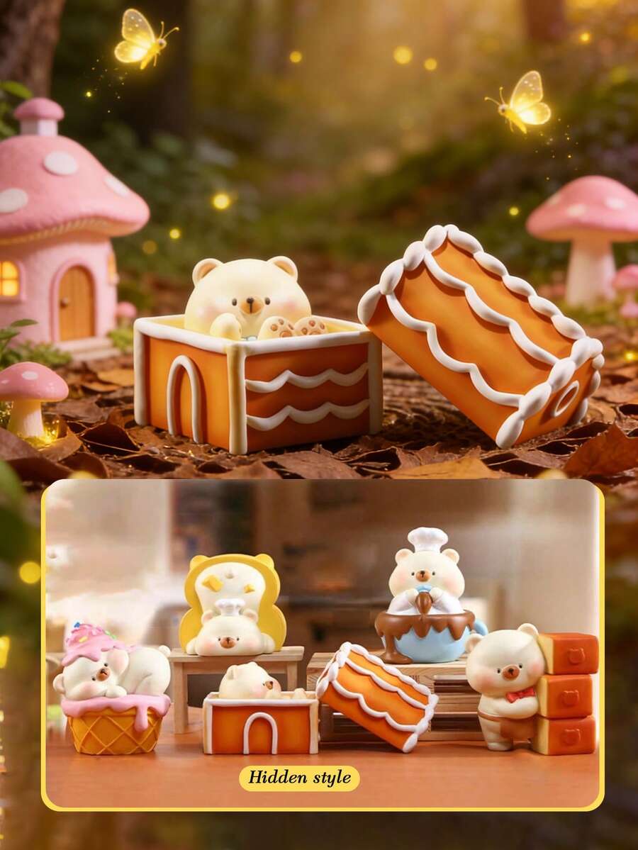 POKOJA LAND 1/6PCS 新款小熊甜点盲盒树脂工艺品桌面摆件可爱宠物收藏人偶，适用于家居办公室装饰，节日礼物收藏 - 彩色 - 查看 1