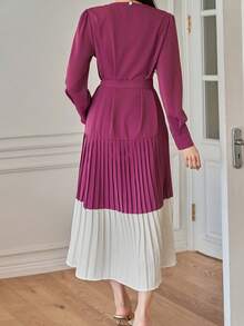 DAZY Women's Elegant Contrast Color Pleated Waist Midi Dress, Spring/Summer Wedding Guest Dress - Red Violet - View 2