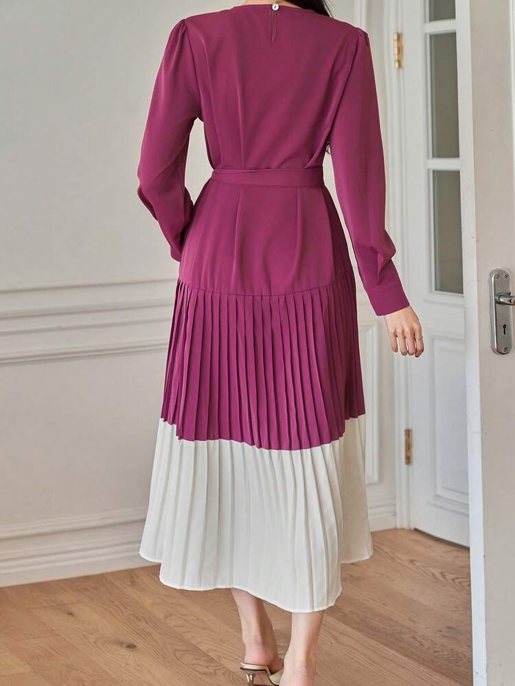 Women's Elegant Contrast Color Pleated Waist Midi Dress, Spring/Summer Wedding Guest Dress Sundress