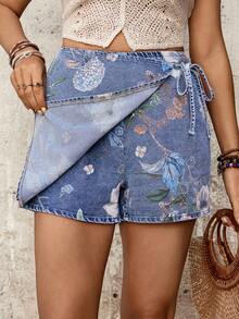 EMERY ROSE 女士印花裹身系带腰部休闲牛仔裙裤 - 藍色 - 查看 3