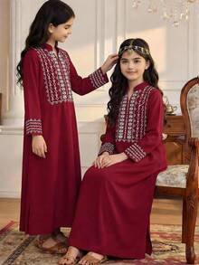 SHEIN Tween Girl Graphic Print Notched Neck Long Sleeve Casual Dress - Burgundy - View 6