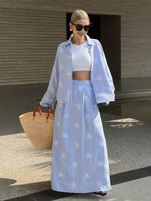 Livesso 两件套女士印花衬衫和休闲裙套装 - 藍色 - 查看 1