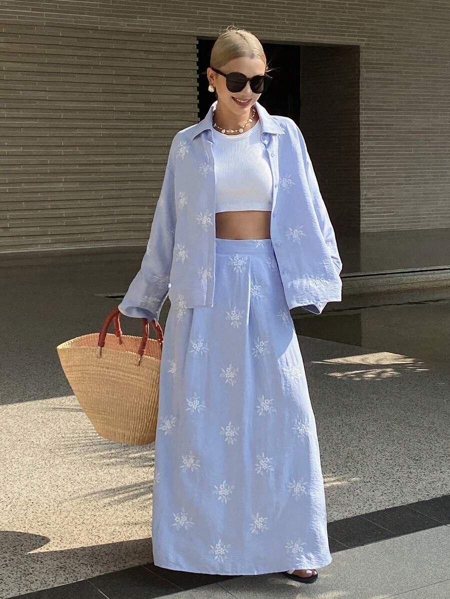 Livesso 两件套女士印花衬衫和休闲裙套装 - 藍色 - 查看 1