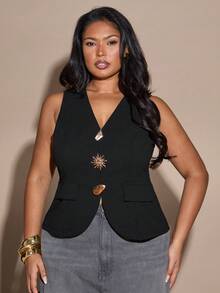 SHEIN BAE 大码女式黑色V领金属纽扣上衣 - 黑色 - 查看 5