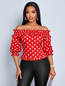SOLERSUN Women's Elegant Off-Shoulder Ruffle Trim 3/4 Sleeve Blouse With Heart Design, Suitable For Casual Wear, Valentine's Day - Red - View 4