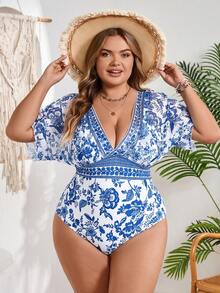 SHEIN CURVE+ 大码女式蓝白碎花印花连体泳衣，沙滩度假 - 藍白色 - 查看 3