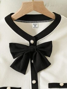 少女春夏V领蝴蝶结水钻纽扣上衣搭配高腰百褶迷你裙套装，优雅时尚，适合日常穿着、派对和通勤。 - 彩色 - 查看 5