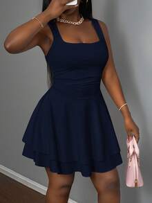 Slaydiva Women's Casual Basic Sleeveless Ruched Layered A-Line Short Dress, Sweet Square Neck - Navy Blue - View 6