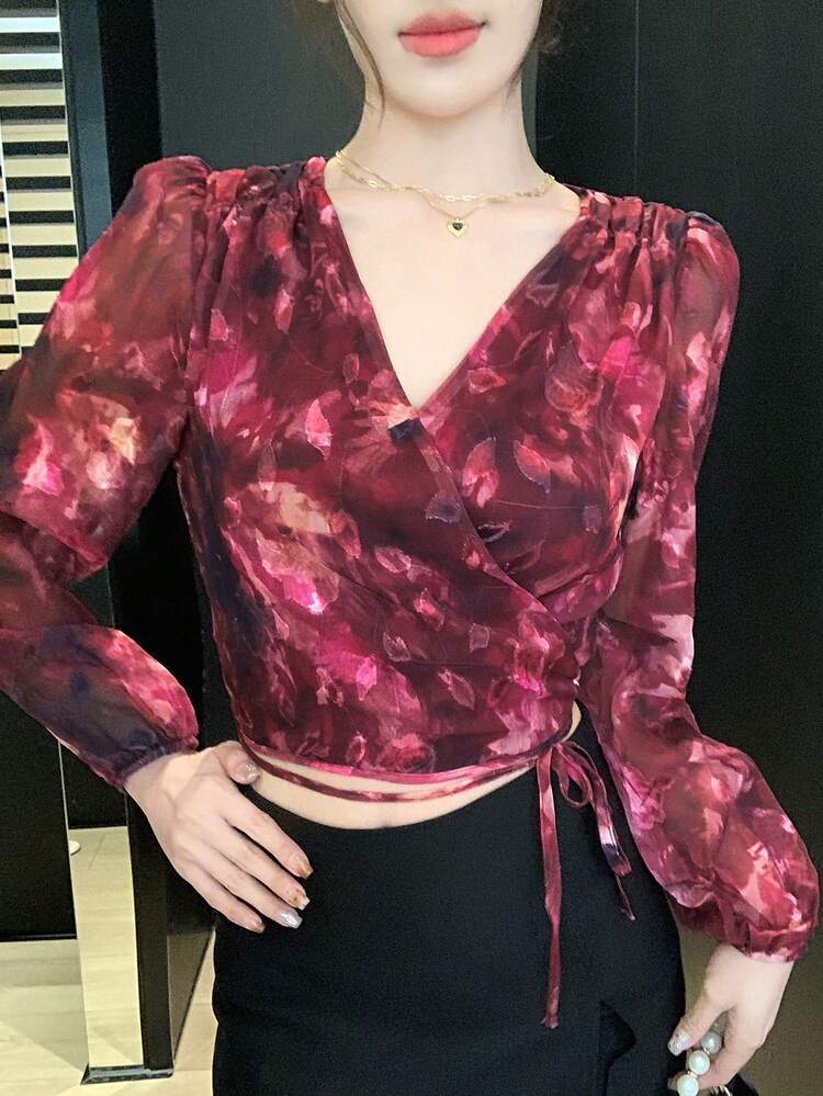 Women's V-Neck Short Sleeve Tie-Front Allover Print Sexy Casual Shirt