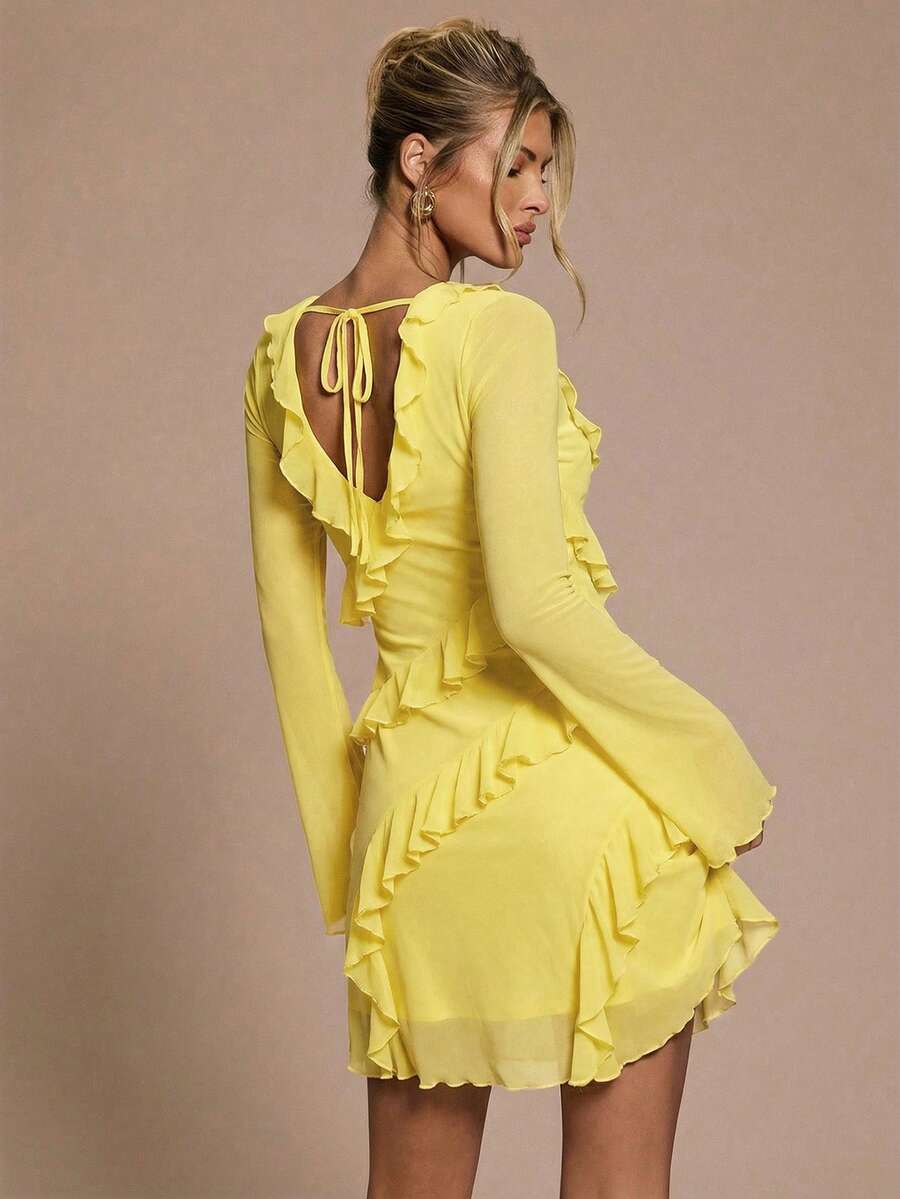 SHEIN BAE Women's Solid Color V-Neck Ruffle Trim Tie Front Fashion Date Party Mini Dress - Yellow - View 1