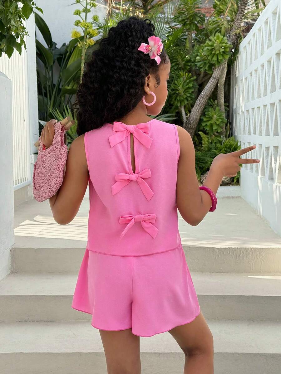 2pcs/Set Tween Girls Casual Crew Neck Textured Fabric Bow Back Tank Top And Shorts Set - Pink - View 1