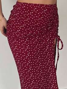 RebeccaVibe 2 件套女士酒红色针织纹理吊带背心上衣和酒红色心形印花抽绳开衩裙，度假装 - 彩色 - 查看 5