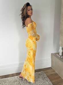 RebeccaVibe 女式优雅印花落肩带长袖连衣裙 - 黃色 - 查看 4