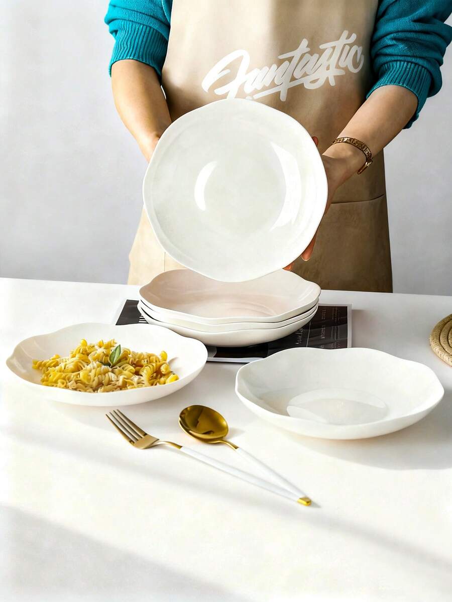 4pcs 8-Inch Wavy Rim Ceramic Salad Plates, Solid White Minimalist Style, Suitable For Home Dining, Easy To Clean And Stack - White - View 1
