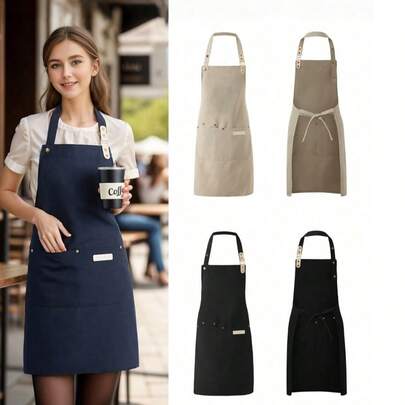 一件装防水帆布围裙，男女皆宜，适合厨师使用。经久耐用，适用于餐厅、酒店、面包店、美容院、美甲店、花园、家庭清洁、烧烤和理发店等场所。