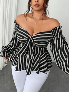 SHEIN CURVE+ Áo kiểu dáng rộng rãi, tay dài, hở vai, đa năng. - màu đen - Xem 1