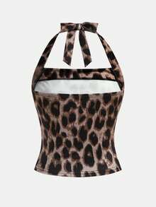 SHEIN 少女休闲时尚露背豹纹吊带背心 - 棕色 - 查看 2