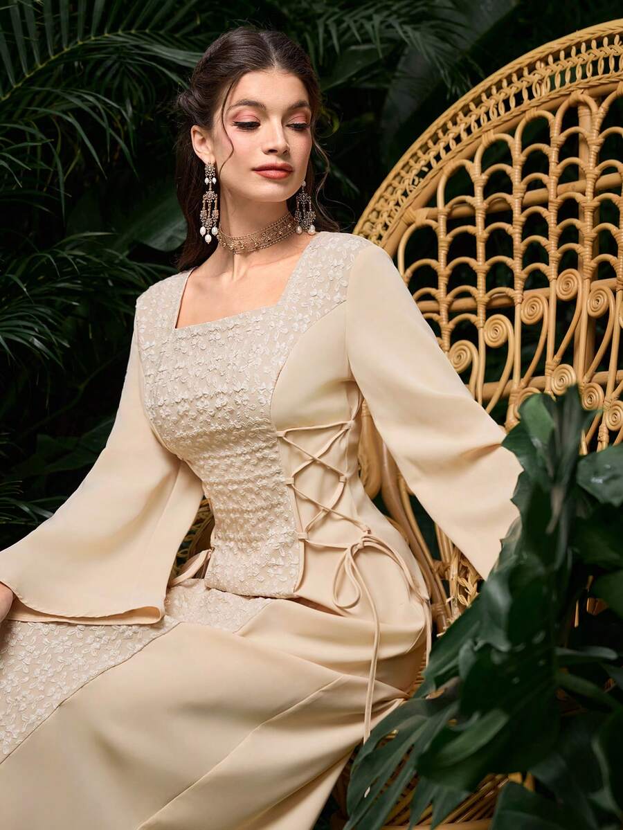 Al Najma 优雅长袖拼接侧系腰连衣裙 - 杏色 - 查看 1