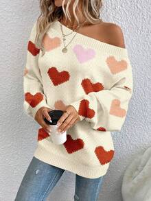 EMERY ROSE 女士休闲露肩毛衣 - 秋冬装。复古米色和粉色爱心图案，大地色系。适合休闲外出、度假、居家穿着，打造波西米亚风情，也是馈赠佳品，情人节礼物之选。 - 彩色 - 查看 4
