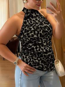 Vionelle 大码女式法式休闲优雅无袖豹纹吊带衫 - 灰色 - 查看 3