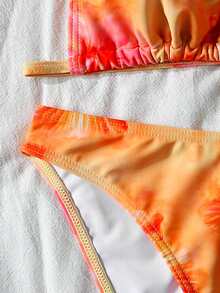 SHEIN 适合青少年女孩的彩色橙色印花休闲日常度假比基尼上衣 - 橘色 - 查看 4