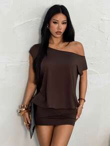 SHEIN PETITE Đầm ngắn tay lệch vai khoét eo, phần trên rộng và phần dưới ôm sát, phù hợp cho các bạn nữ trẻ. - màu nâu - Xem 5