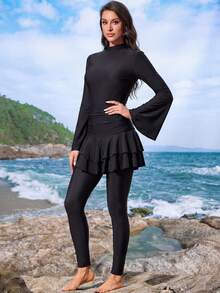 Swim Mulvari Women Black Flare Sleeve Top And Long Pants Casual Modest Swimwear Set, Suitable For Spring, Summer, Beach, Party - Black - View 6