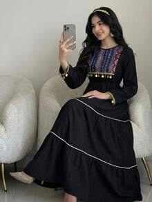 SHEIN Teen Girl Print Robe With Gold Tassel Sash, Vacation/Holiday Wear, Spring/Summer - Black - View 2