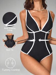 Shapewave 1pc Women's Black & White Striped Backless Tie-Up One-Piece Swimsuit - Black and White - View 9