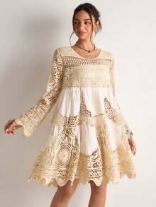 Freevana 女士时尚圆领长袖短款针织毛衣连衣裙 - 卡其色 - 查看 1