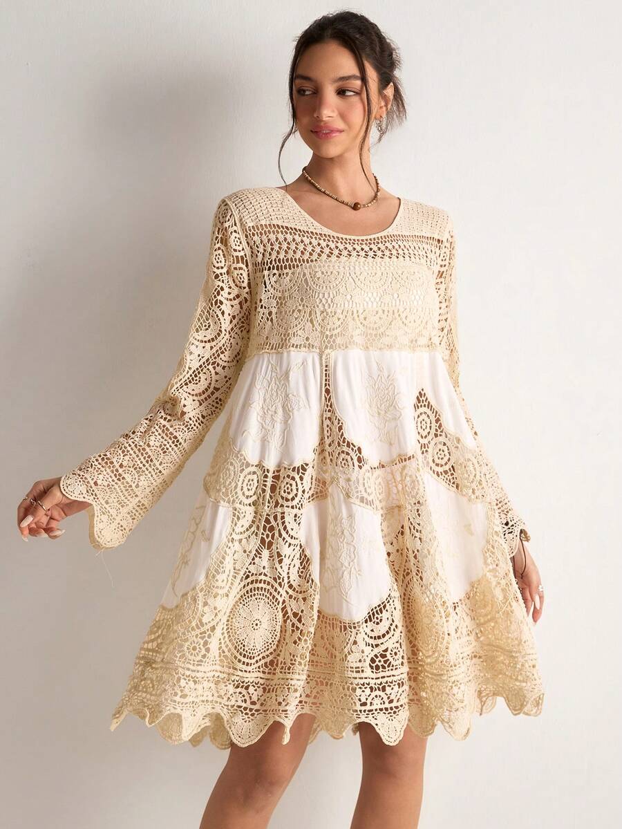 Freevana 女士时尚圆领长袖短款针织毛衣连衣裙 - 卡其色 - 查看 1