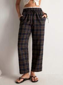 Freevana 复古藏蓝色和棕色格子七分裤，高腰抽绳宽松锥形裤腿休闲修身格纹长裤，适合工作和日常穿着。 - 藏蓝色 - 查看 4