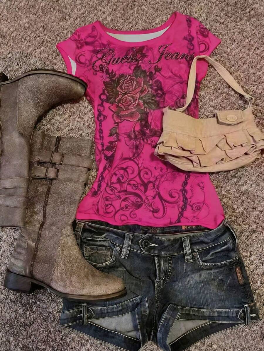 Glimmora 女士数码印花修身短袖T恤 - 彩色 - 查看 1