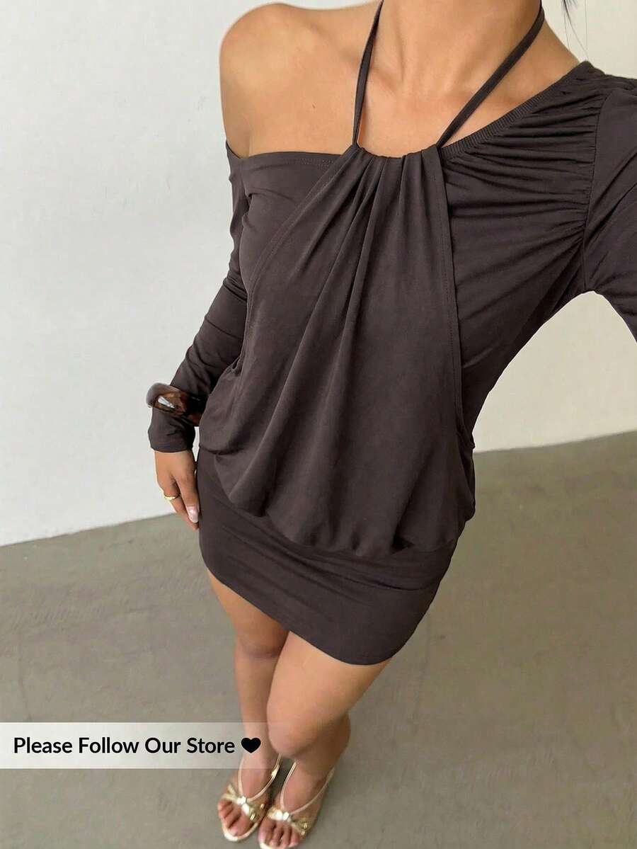 Aloruh Women's Sexy Asymmetric-Shoulder Tie-Up Mini Bodycon Long Sleeve Dress - Brown - View 1