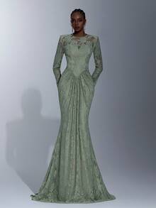 Elitara 优雅灰绿色浪漫弹力3D蕾丝圆领宽肩垫肩薄纱长袖收腰褶皱鱼尾露背连衣裙，适合约会、度假、婚礼、单身派对、商务晚宴及所有正式场合。 - 綠色 - 查看 5