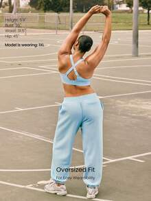 GLOWMODE 加大码 30 英寸日常舒适抓绒裤，柔软保暖，侧边口袋，可调节抽绳腰带，宽松版型，弹性裤脚，休闲运动裤 - 淺藍色 - 查看 2