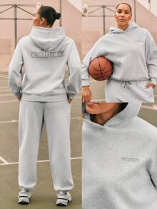 GLOWMODE Plus Size Everyday Fleece Cozy Core Soft Warm Loose Fit Velvety Textured Print Drawstring Sweatshirt Daily Casual Wear - Grey - View 7