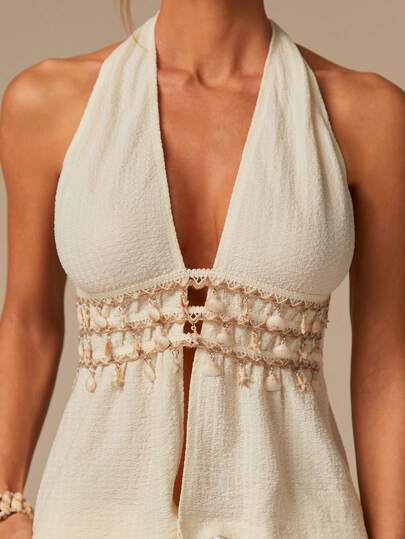 COSMINA Women's Spaghetti Strap Backless Shell Decor Cropped Camisole Top, Beige/Apricot Solid Color, Spaghetti Strap Vacation Casual Elegant Y2K Vest