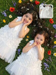 Vestido infantil feminino com gola alta, estampa de borboletas e patchwork em tule. Ideal para uso casual, diário e festas. - Branco - Ver 3