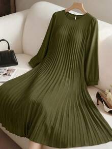 Miaspire 宽松褶皱七分袖圆领连衣裙 - 軍綠色 - 查看 2